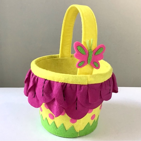 Felt Basket Bucket With Handle Flower Petals, Grass & Butterfly Girls Room Decor - Picture 1 of 7